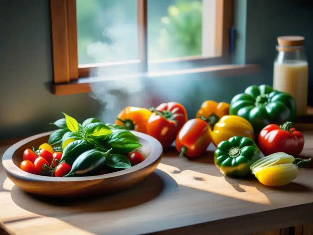 Preparación artesanal de salsas veganas italianas deliciosas con ingredientes frescos y coloridos en una cocina rústica