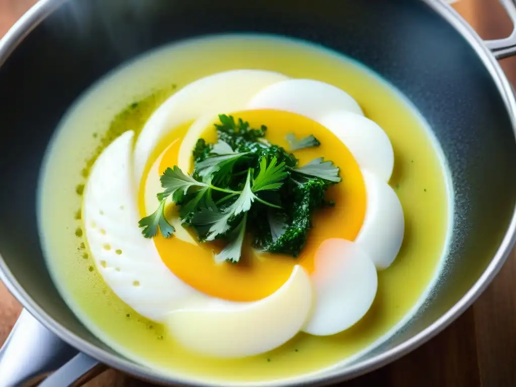 Preparación artesanal de Sopa italiana Stracciatella receta tradicional, mezclando huevos batidos, queso Parmesano y perejil en caldo