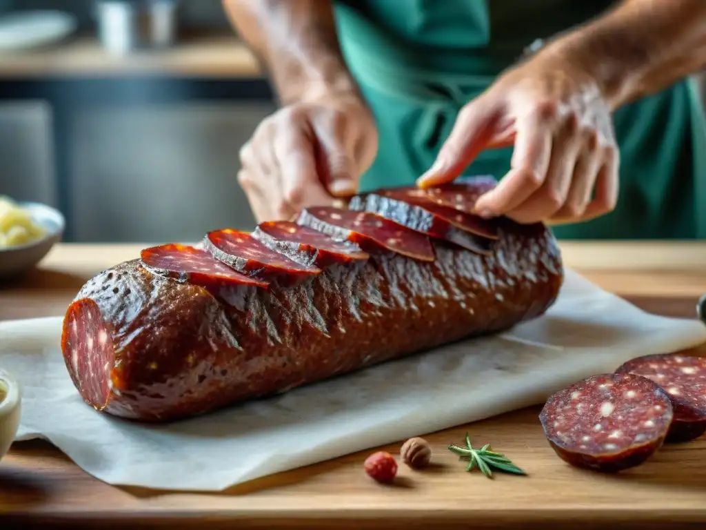 Artesanía en la cocina italiana: Detalle de salami siendo elaborado a mano en una cocina rústica, historia de fermentación