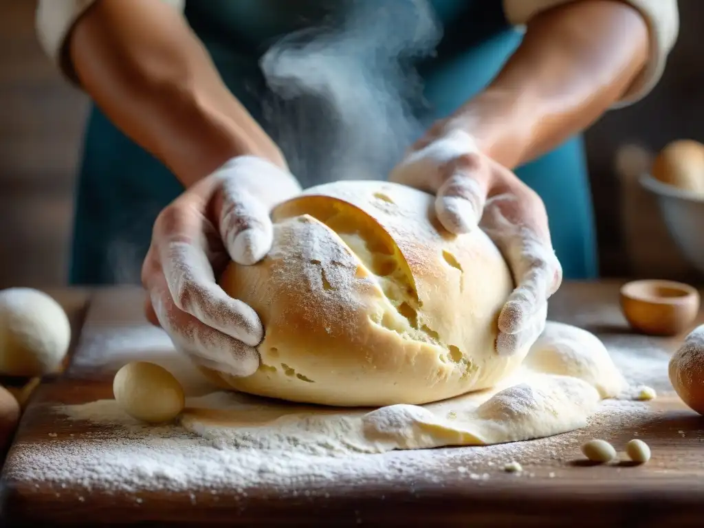 Artesanía en la cocina italiana: manos amasan masa en una superficie de madera, en proceso de panificación