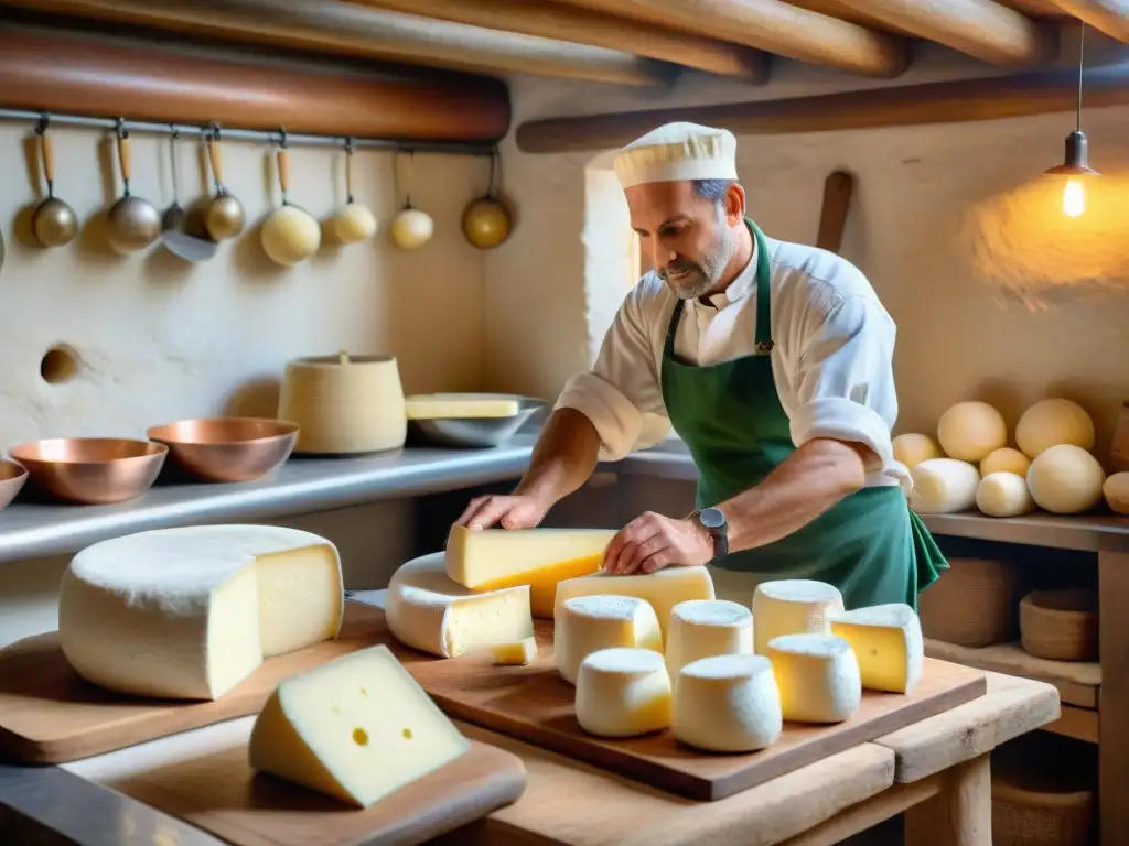 Artesanía en la cocina: Quesos italianos gastronomía mundial, maestros elaborando mozzarella fresca en una granja rural