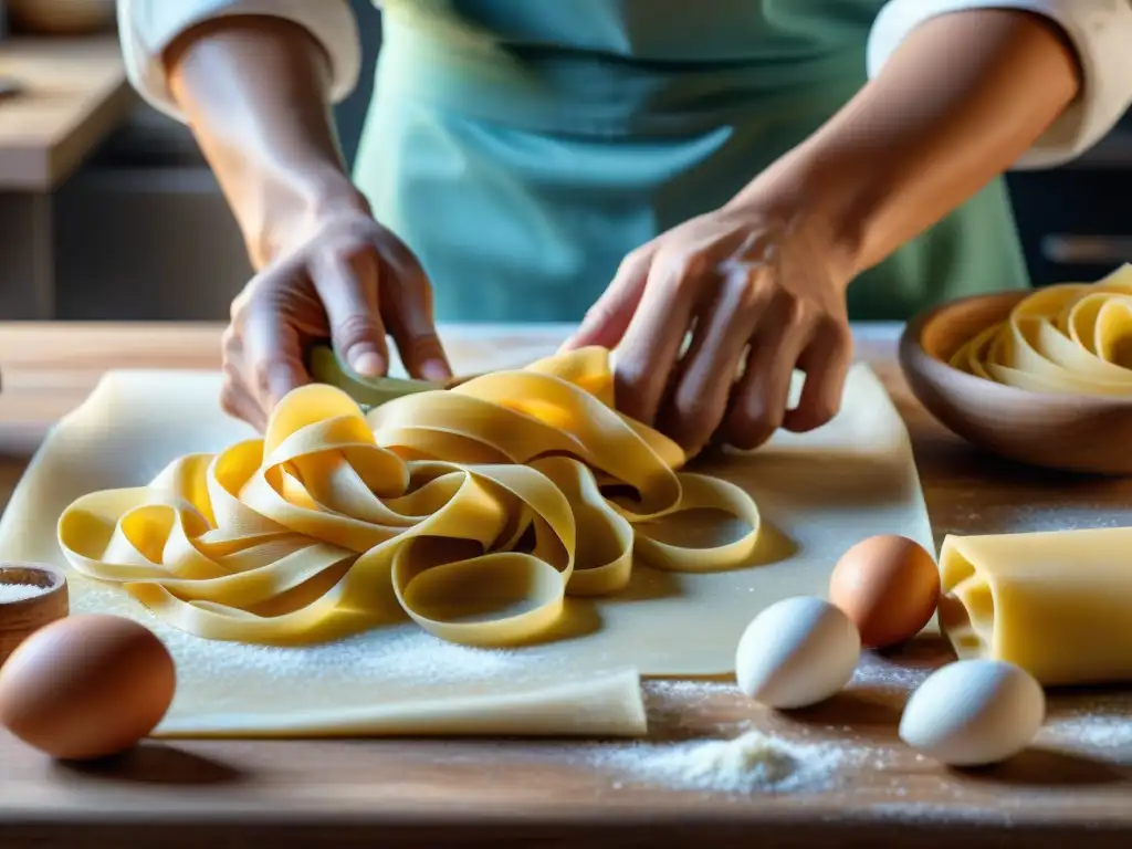 Artesanía culinaria italiana: manos expertas creando pasta casera tradicional