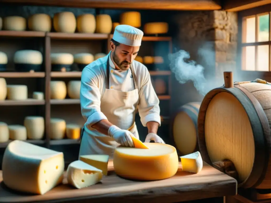 Artesanía en la elaboración de quesos italianos tradicionales variedades en un escenario rural pintoresco