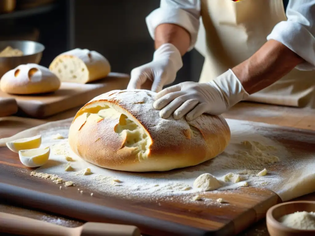 Artesanía en panadería italiana contemporánea: panadero moldeando masa de ciabatta a mano con destreza y pasión