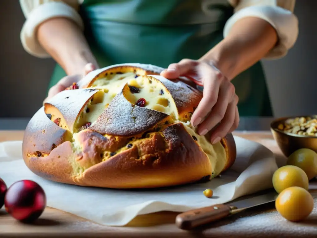 Artesanía en la producción de panettone: manos expertas amasan la masa con frutas confitadas