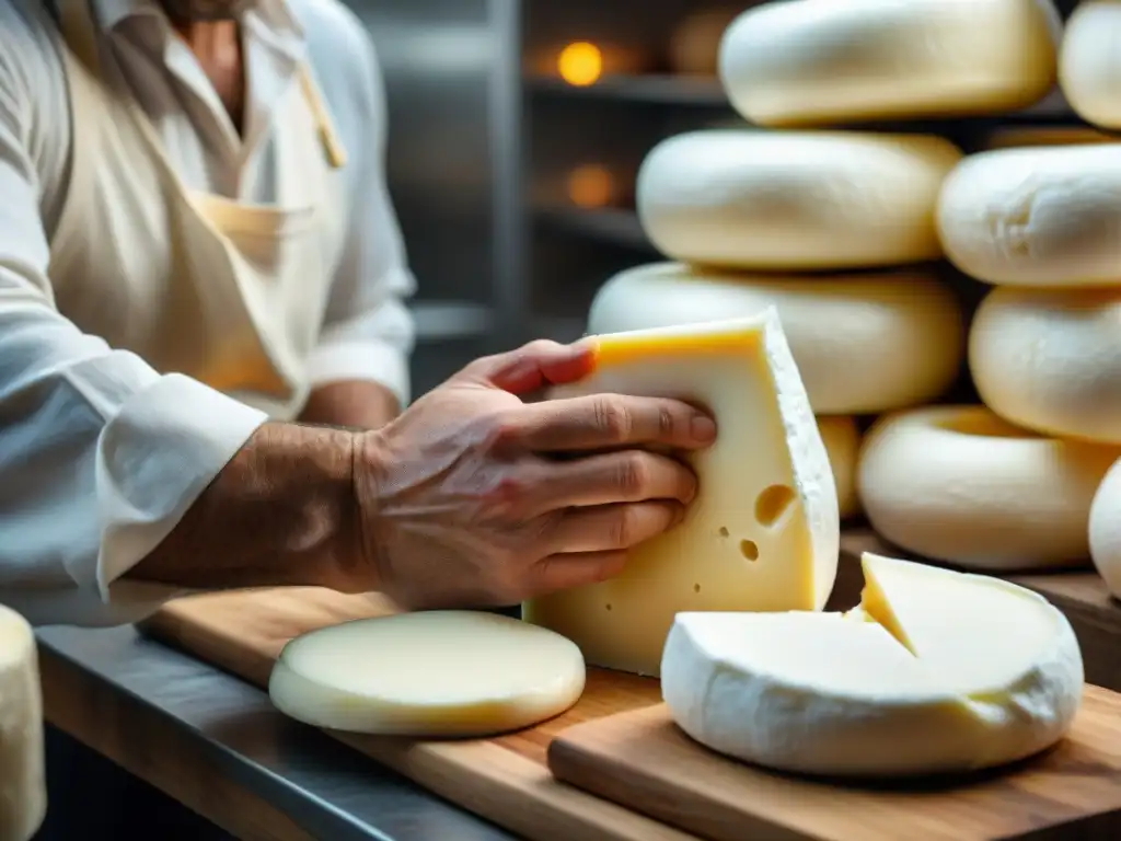 Artesanía tradicional: manos de quesero italiano moldeando mozzarella fresca