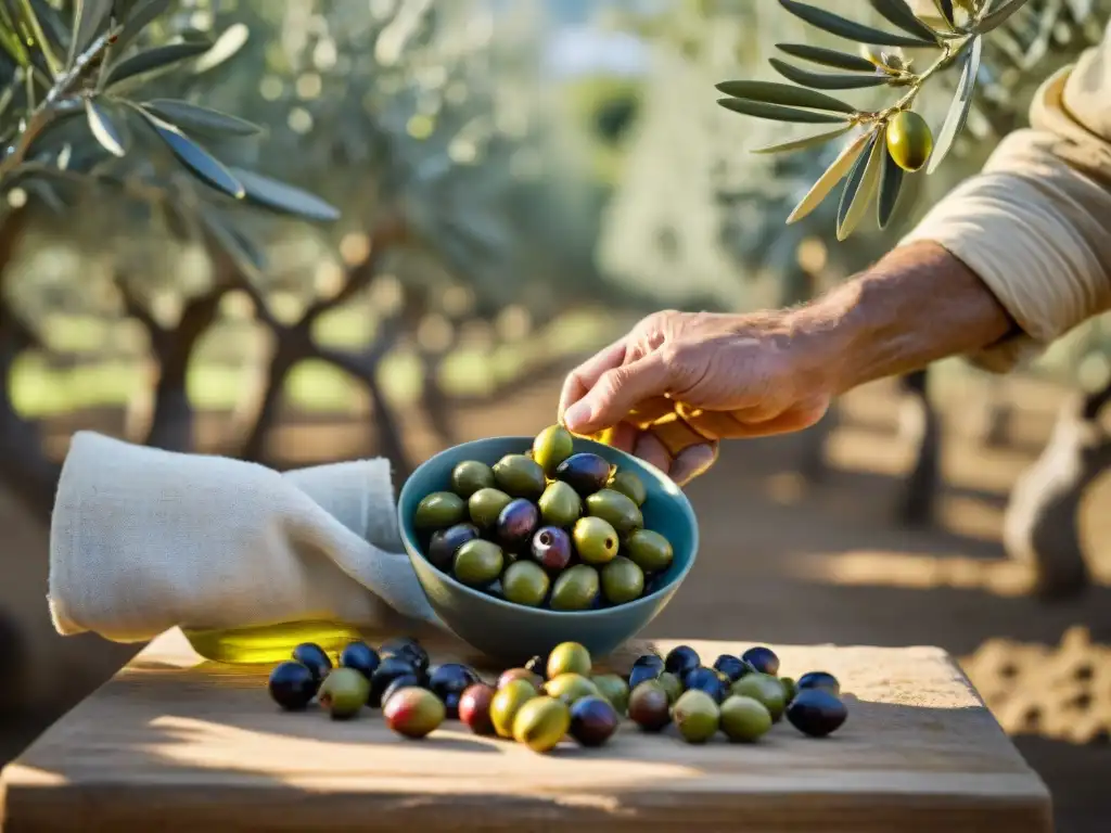 Un artesano recolectando aceitunas maduras en un pintoresco olivar italiano