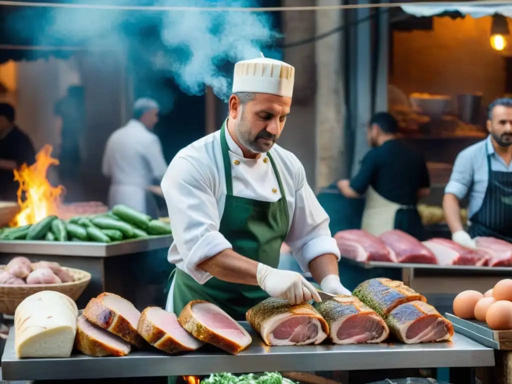 Un artesano sazona la Porchetta di Ariccia en un mercado tradicional romano, envuelto en humo aromático