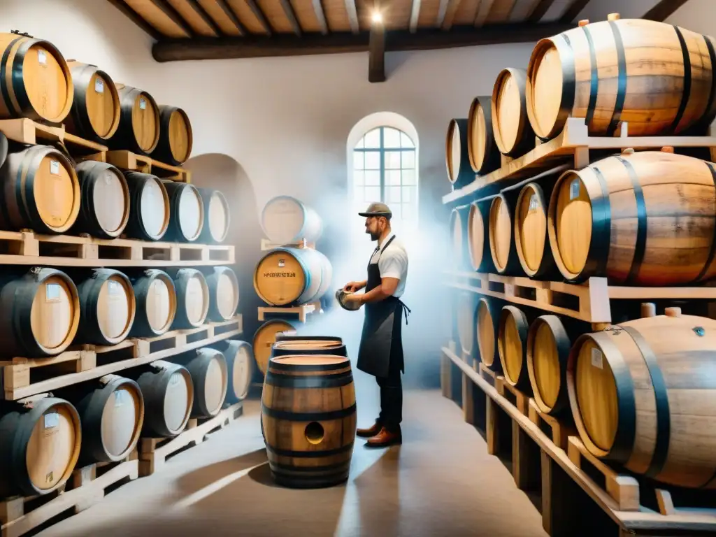 Artesano inspeccionando barriles de vinagre balsámico tradicional en una bodega rústica italiana