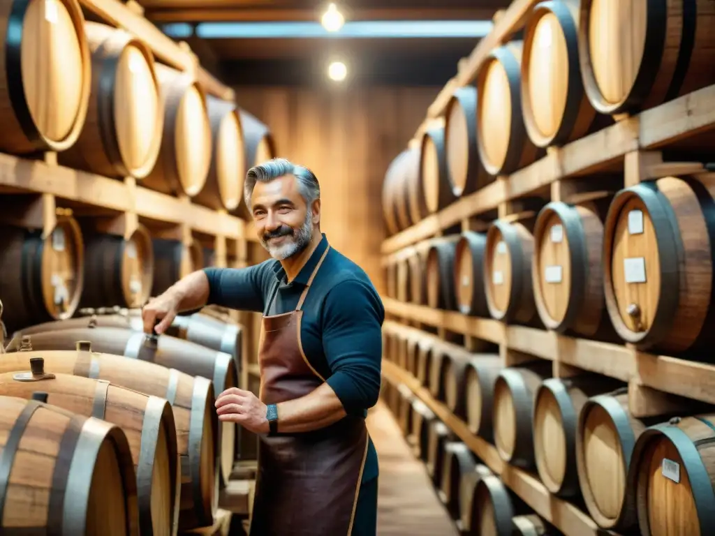 Un artesano inspecciona barriles de vinagre en bodega iluminada, destacando la perfección del vinagre italiano