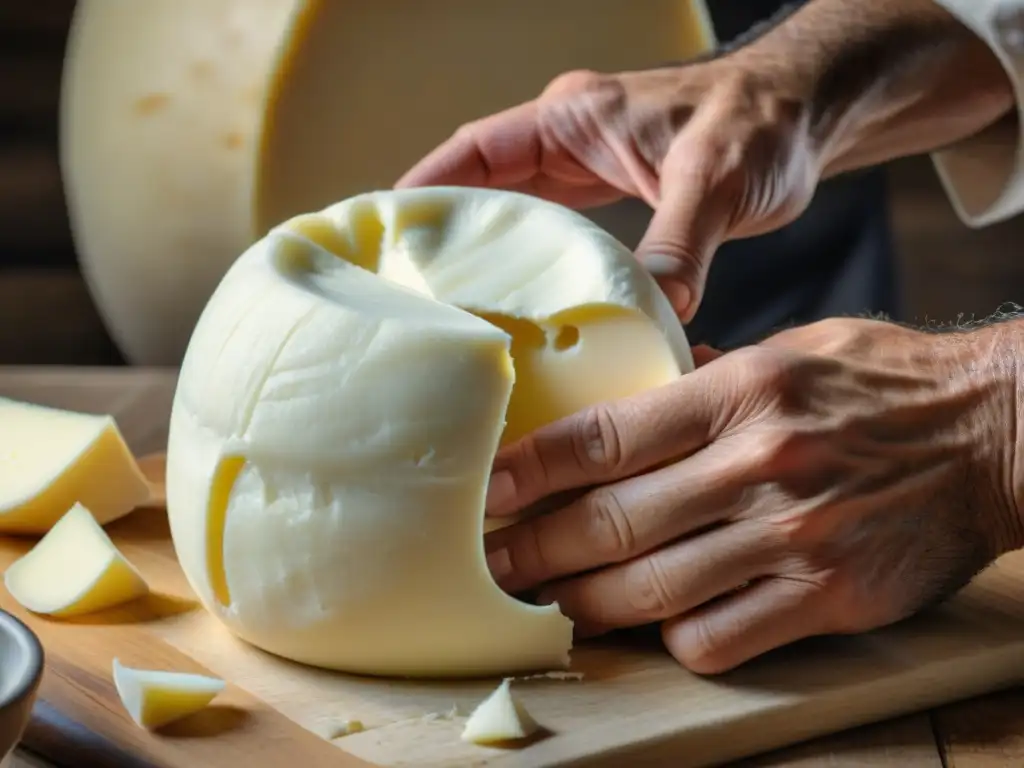 Un artesano de la Mozzarella di Bufala Campana moldea con destreza, revelando los secretos detrás de esta tradicional delicia italiana