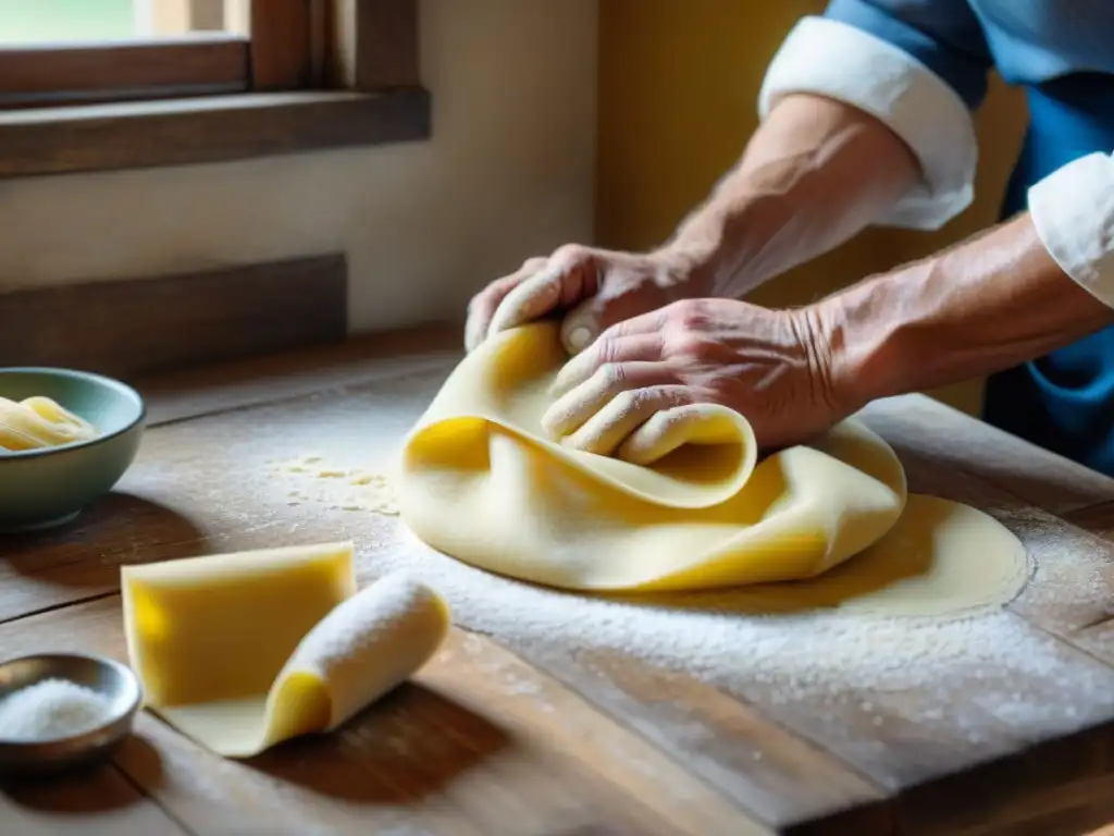 Un artesano campesino italiano amasa pasta fresca en una mesa rústica, en una cocina tradicional, mostrando la cocina campesina italiana tradicional