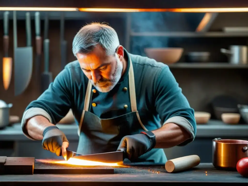 Un artesano forja con maestría un cuchillo de chef italiano en un taller tradicional, capturando la esencia del origen utensilios cocina italiana