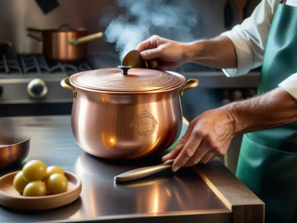 Artesano puliendo con cuidado olla de cobre italiana, reflejando artesanía y tradición en utensilios cocina italiana