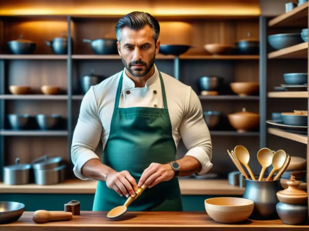 Un artesano restaurando con cuidado utensilios de cocina italiana, exhibiendo detalles intrincados de la artesanía