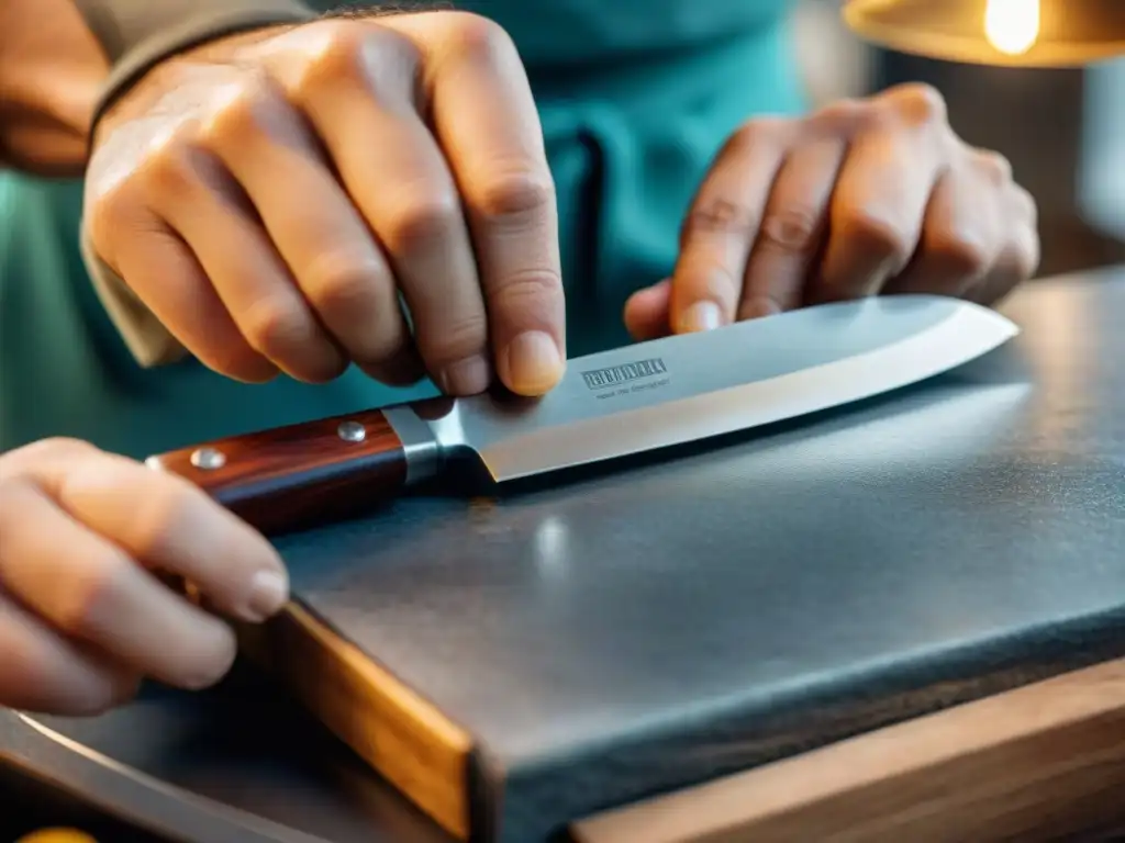 Un artesano afila con destreza un cuchillo de cocina italiano de alta calidad, reflejando la luz del taller