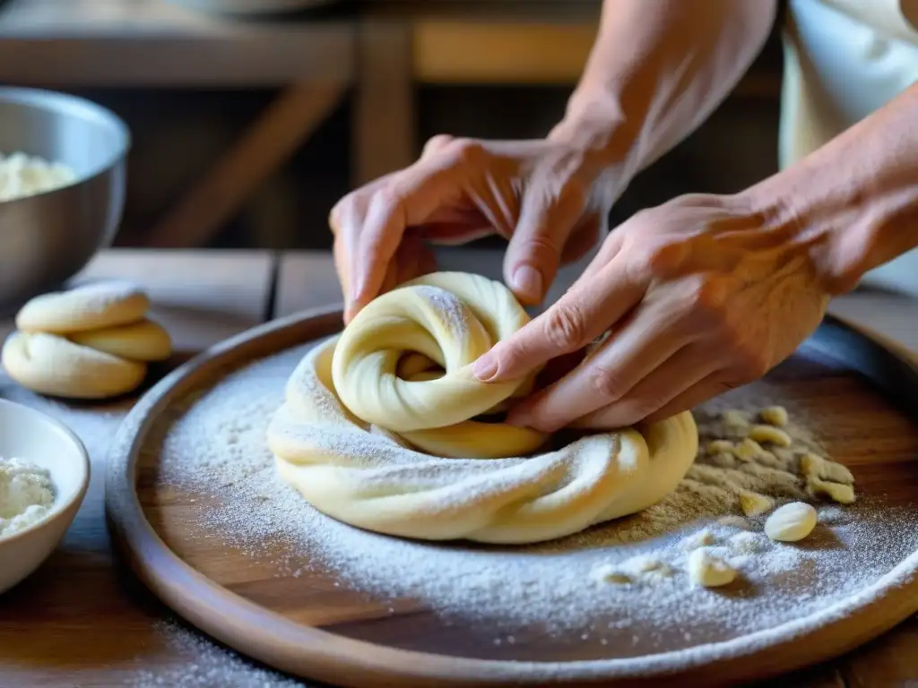 Un artesano moldea con destreza la masa para taralli, mostrando la receta tradicional de taralli italiano