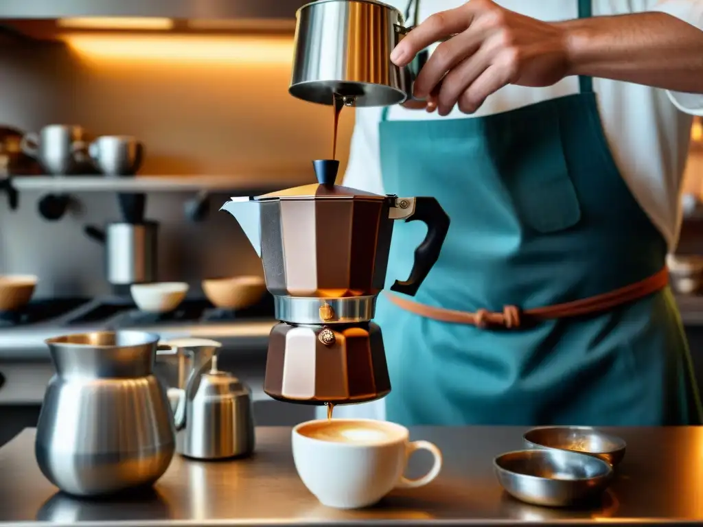 Un artesano ensambla con destreza la mejor cafetera italiana moka en una cocina tradicional italiana