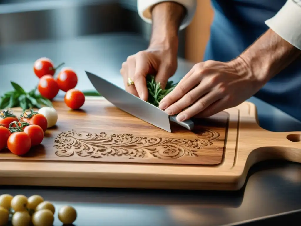 Un artesano tallando con precisión diseños en una lujosa tabla de cortar italiana personalizada, mostrando destreza y dedicación