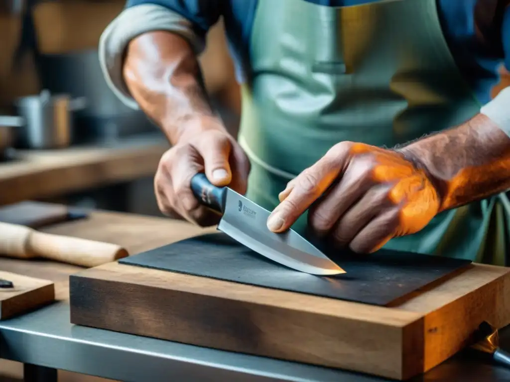 Un artesano experto forja con maestría un cuchillo de cocina italiano en un taller rústico