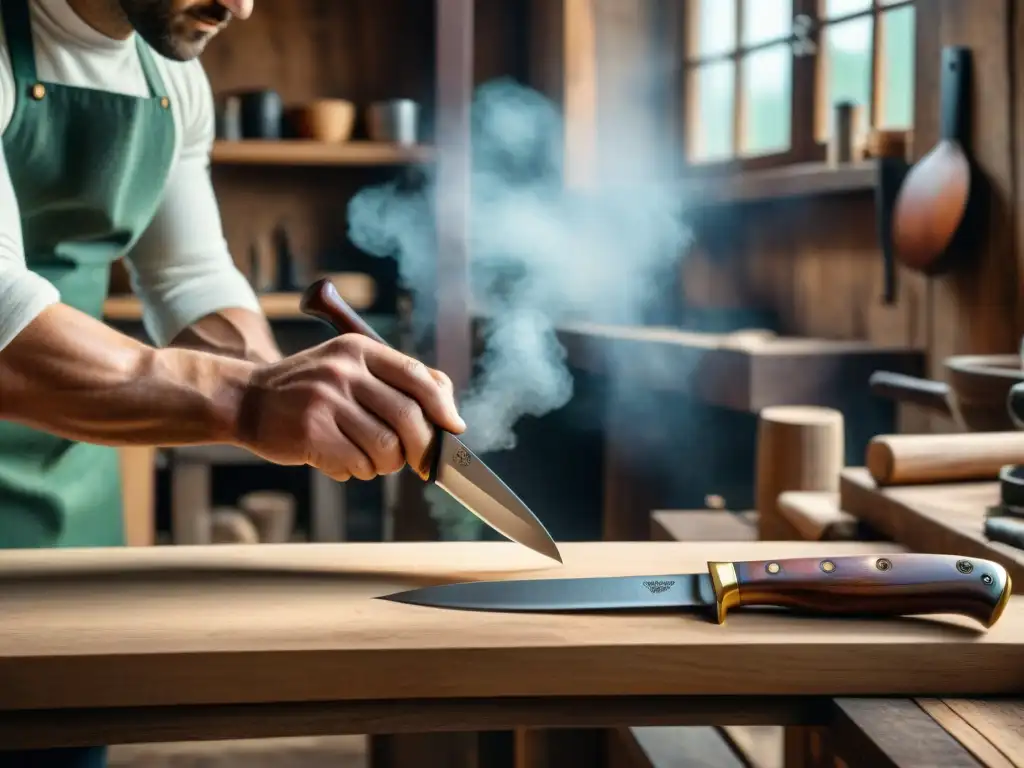 Un artesano experto elabora meticulosamente un cuchillo italiano en un taller rústico, resaltando la tradición y calidad