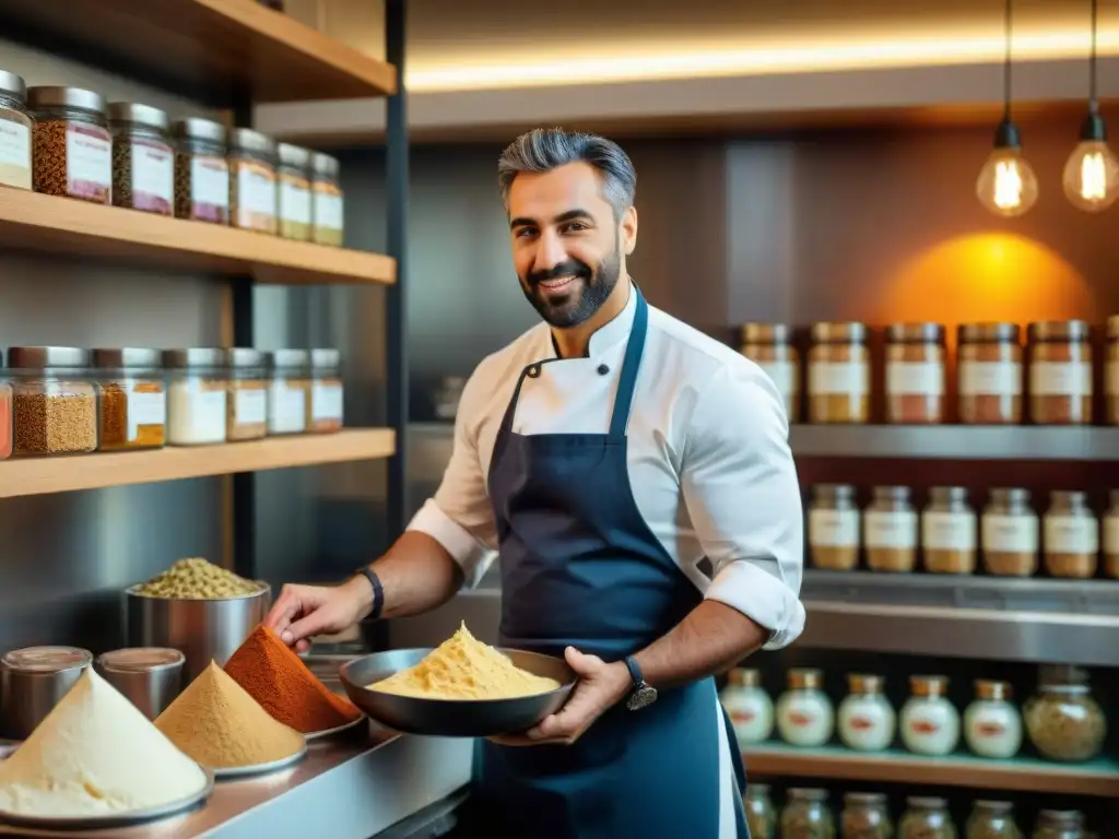 Un artesano experto fusiona técnicas árabes en gelato italiano, creando una mezcla única de sabores y colores vibrantes en una cocina tradicional