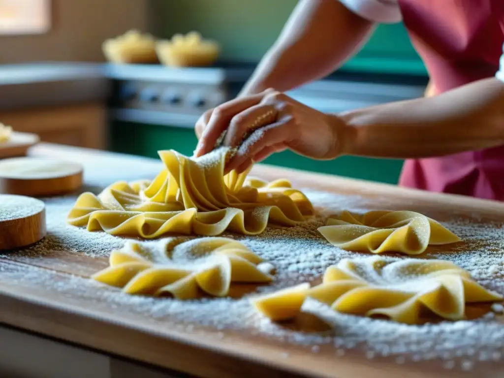 Hábil artesano moldea farfalle en detallada imagen de pasta italiana, resaltando el arte en festivales de pasta italiana