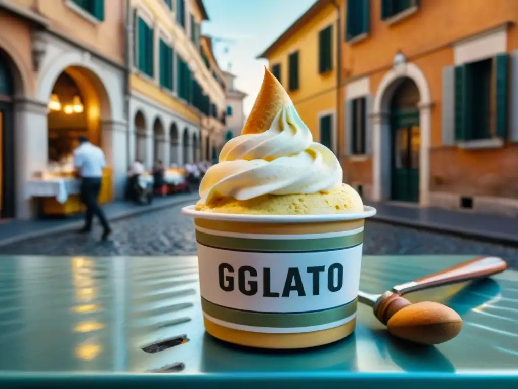 Un artesano de gelato sirve alegremente un cono de gelato cremoso en una bulliciosa heladería italiana en Roma