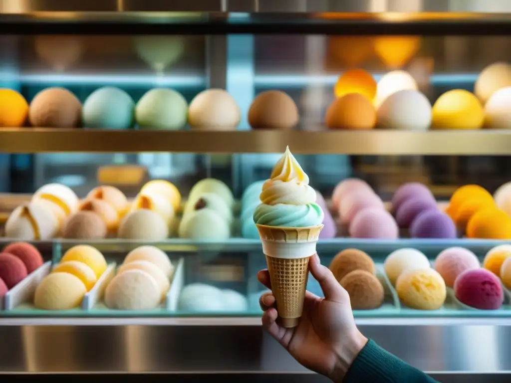 Artesano del gelato en Italia creando con maestría conos de helado