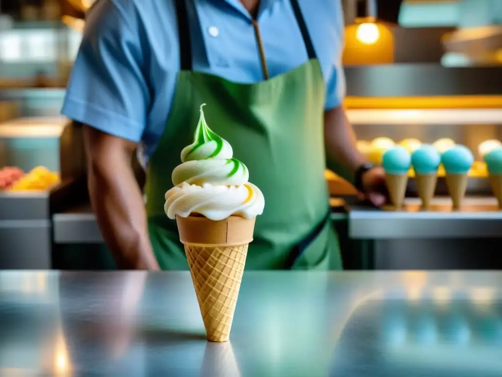 Artesano de gelato creando con detalle un cono perfecto, resaltando los colores y textura del gelato en una concurrida gelatería italiana