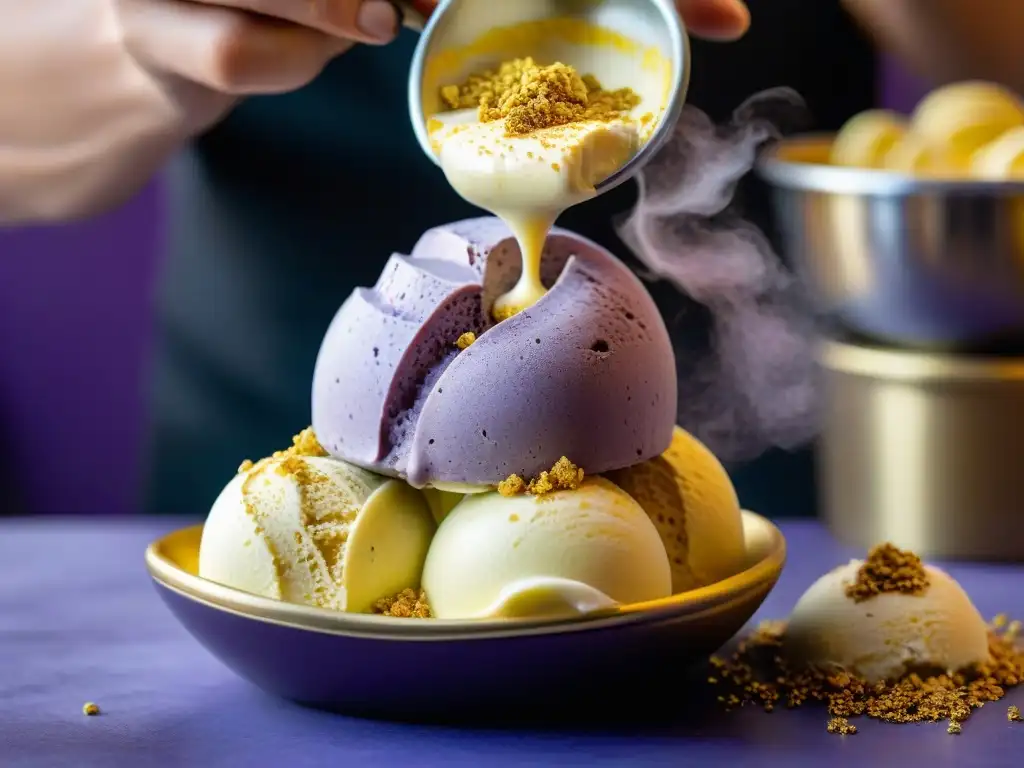 Artesano de gelato espolvoreando hojuelas de oro en helado de taro morado, en tienda llena de sabores únicos y nuevas tendencias gelato sabores