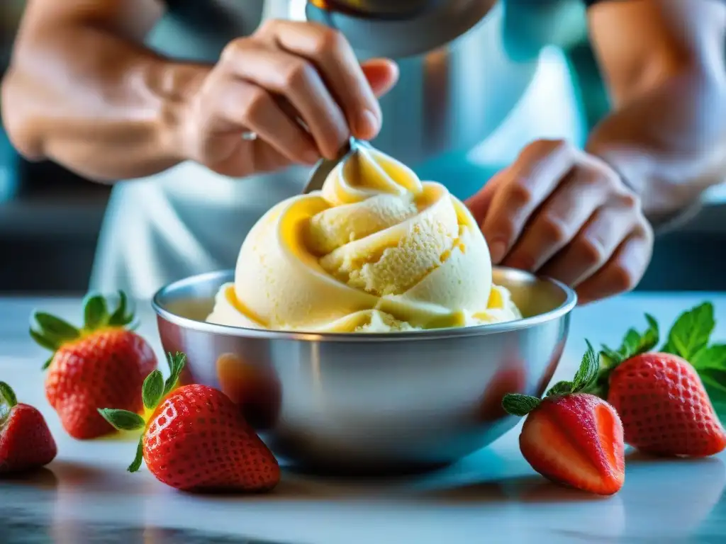 Artesano del gelato italiano creando una obra maestra con ingredientes frescos - Evolución del Gelato italiano