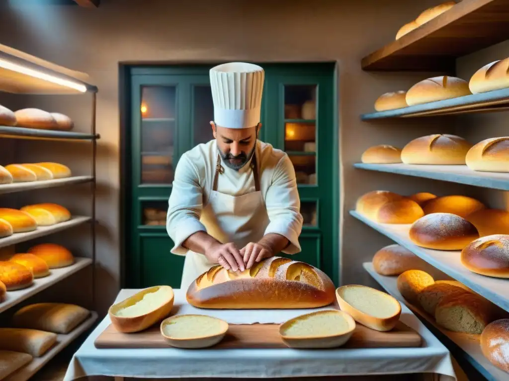 Artesano elaborando Pane di Genzano en una panadería italiana iluminada por el sol, resaltando la tradición y el proceso artesanal del pan