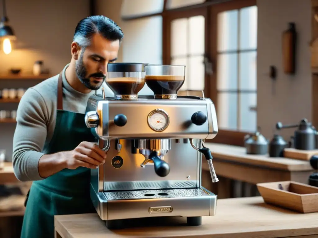 Un artesano italiano hábil elaborando una cafetera italiana de diseño elegante en un taller tradicional en Milán