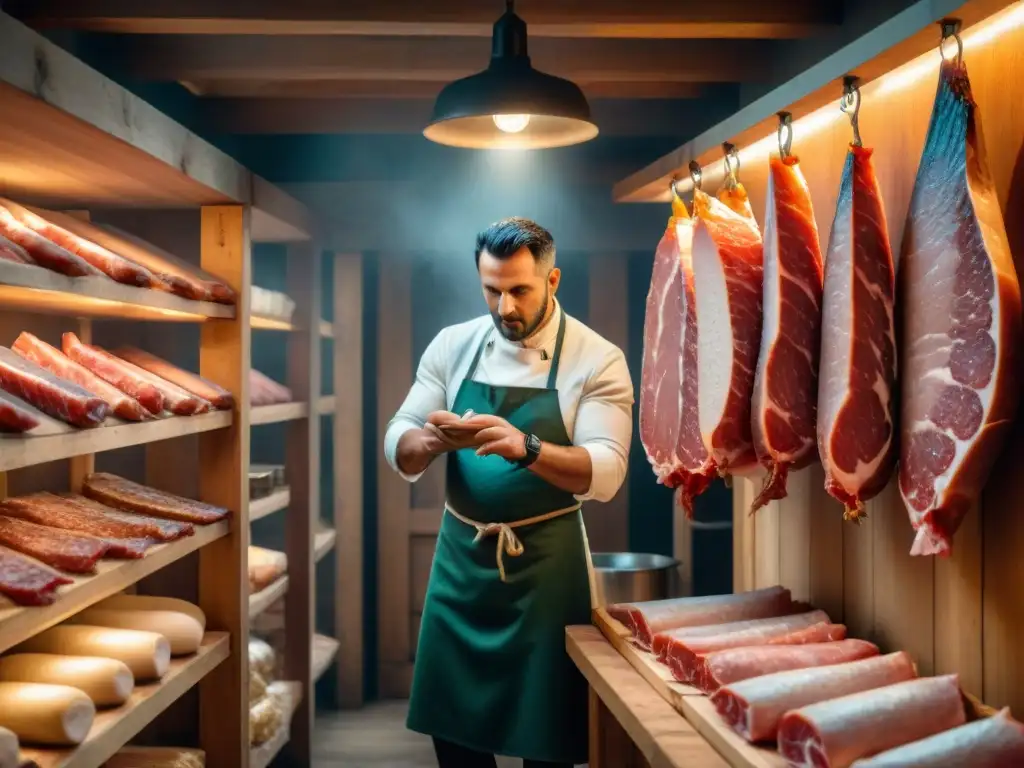 Artesano italiano conservando carnes tradicionales en bodega rústica