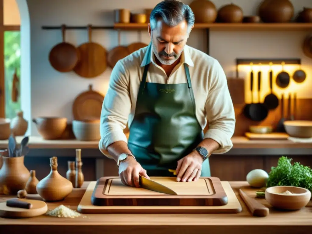 Un artesano italiano concentrado tallando diseños en una tabla de cortar personalizada, rodeado de herramientas y virutas de madera