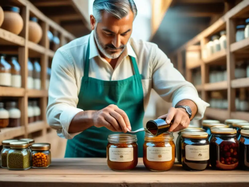 Un artesano italiano sella conservas gourmet tradicionales en una bodega antigua