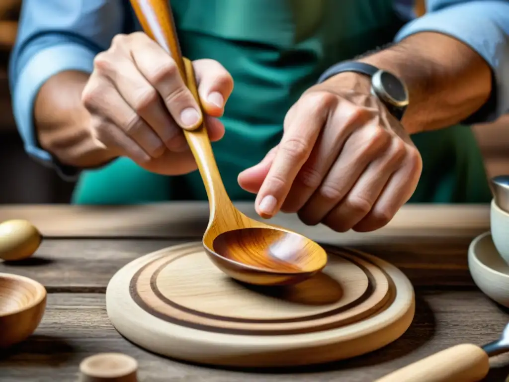 Artesano italiano tallando cucharas de madera con detalle y dedicación