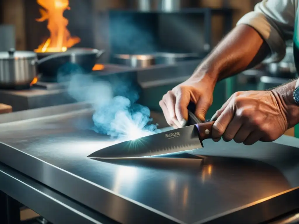 Un artesano italiano forja con maestría un cuchillo de chef en acero inoxidable de alta calidad