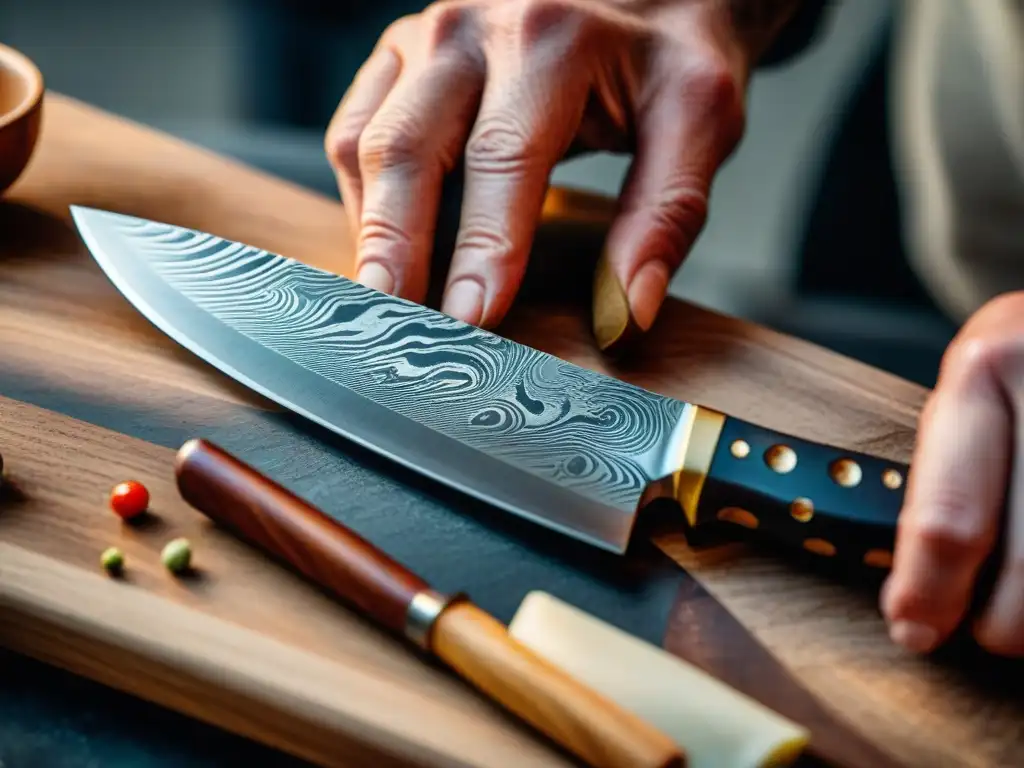 Artesano italiano forjando cuchillo de chef en acero de Damasco, detalle y tradición en utensilios cocina italiana alta gama