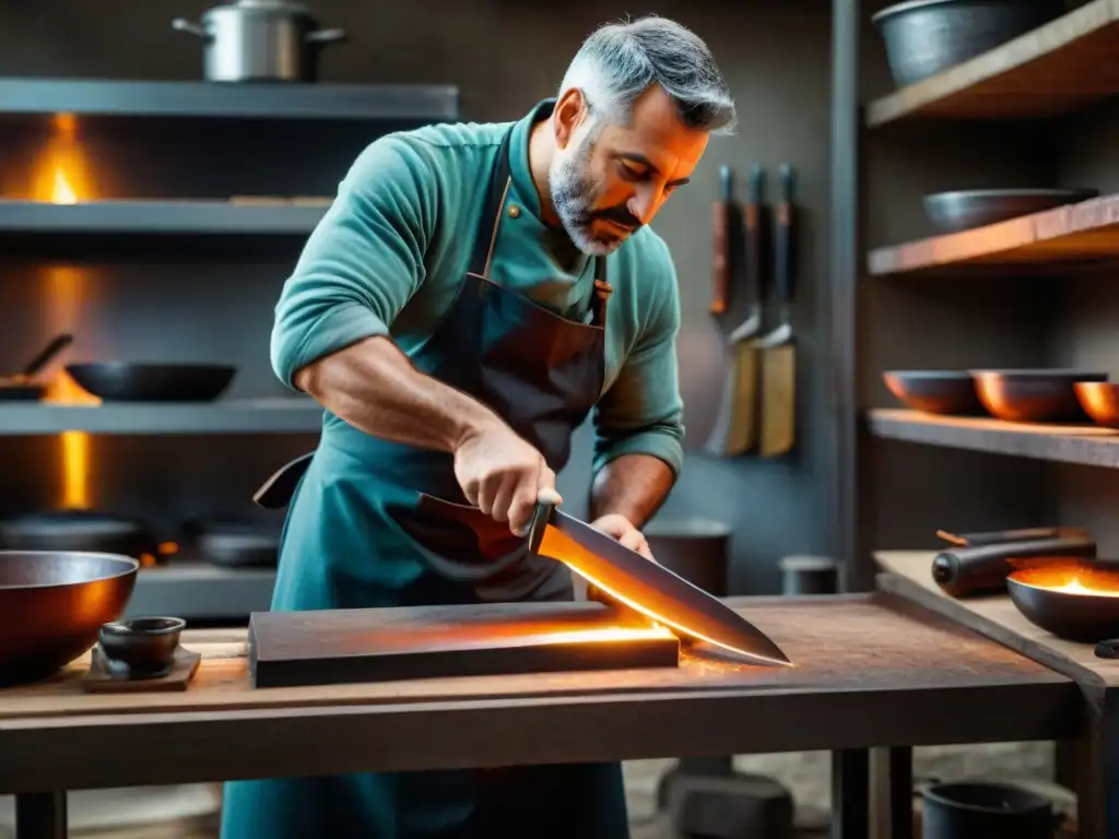 Artesano italiano forja cuchillo de chef en taller rústico