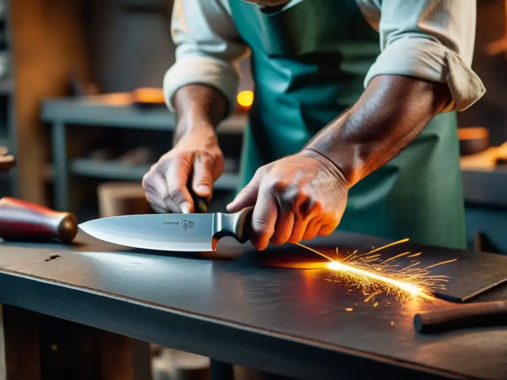 Un artesano italiano forja un cuchillo de cocina tradicional en su taller, con metal al rojo vivo y chispas volando