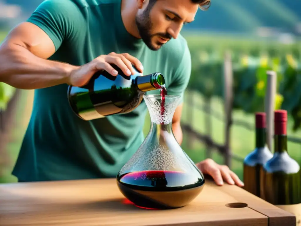 Un artesano italiano crea un decantador de vino, con detalles meticulosos y artesanía, en un escenario de viñedos y botellas de vino