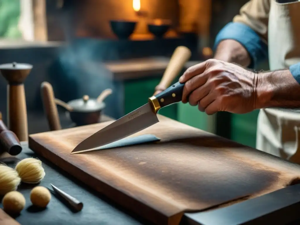 Un artesano italiano afila con destreza un cuchillo de cocina tradicional, resaltando detalles y la atmósfera de un taller centenario