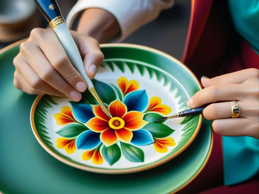 Un artesano italiano pinta con destreza un diseño floral vibrante en un plato de diseñador italiano, fusionando arte y funcionalidad en cada detalle