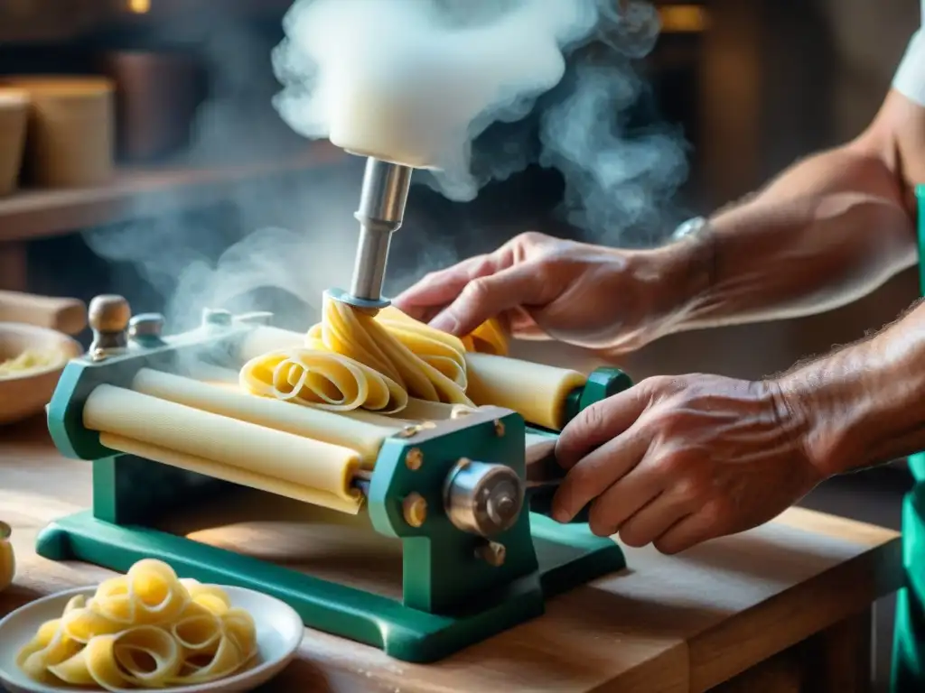 Un artesano italiano ensambla con destreza una prensa de pasta, destacando la artesanía y la tradición de las prensas de pasta italianas