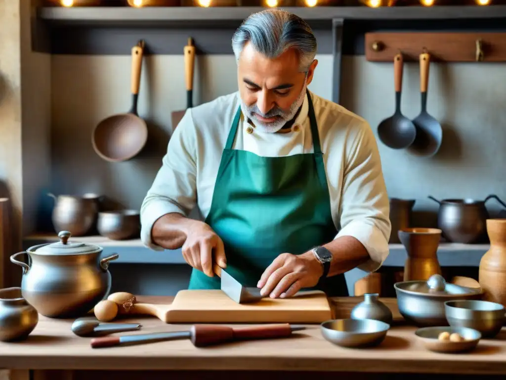 Artesano italiano detallista creando utensilios de cocina personalizados en taller encantador