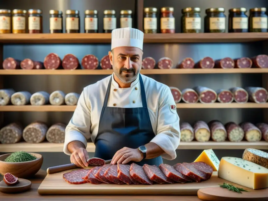 Artesano italiano de embutidos creando salami, rodeado de hierbas, especias y quesos, reflejando la influencia europea