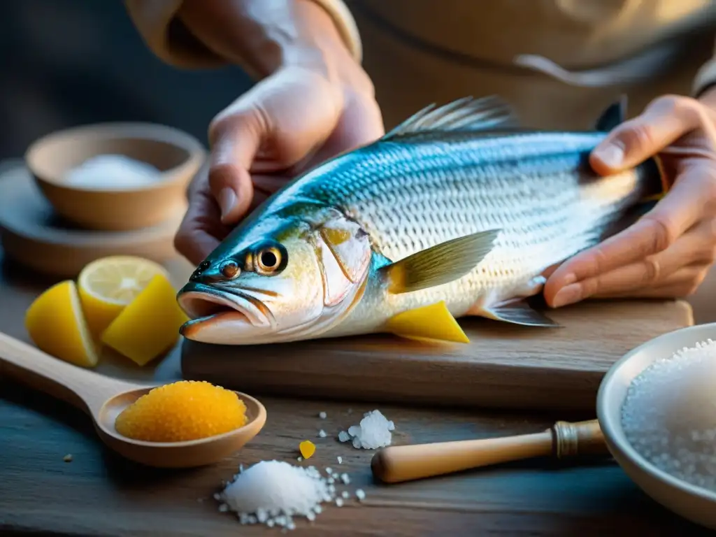 Un artesano italiano experimentado aplica sal a pescado fresco, mostrando la conservación alimentaria en Italia