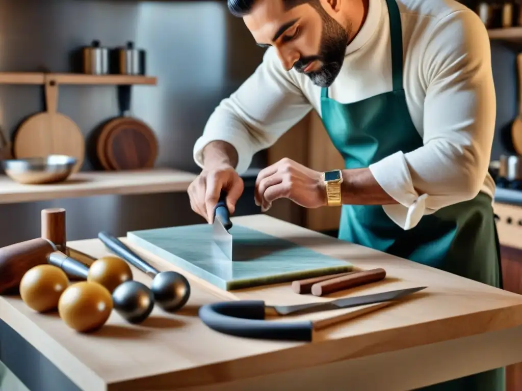 Un artesano italiano experto crea accesorios de cocina personalizados en su taller tradicional